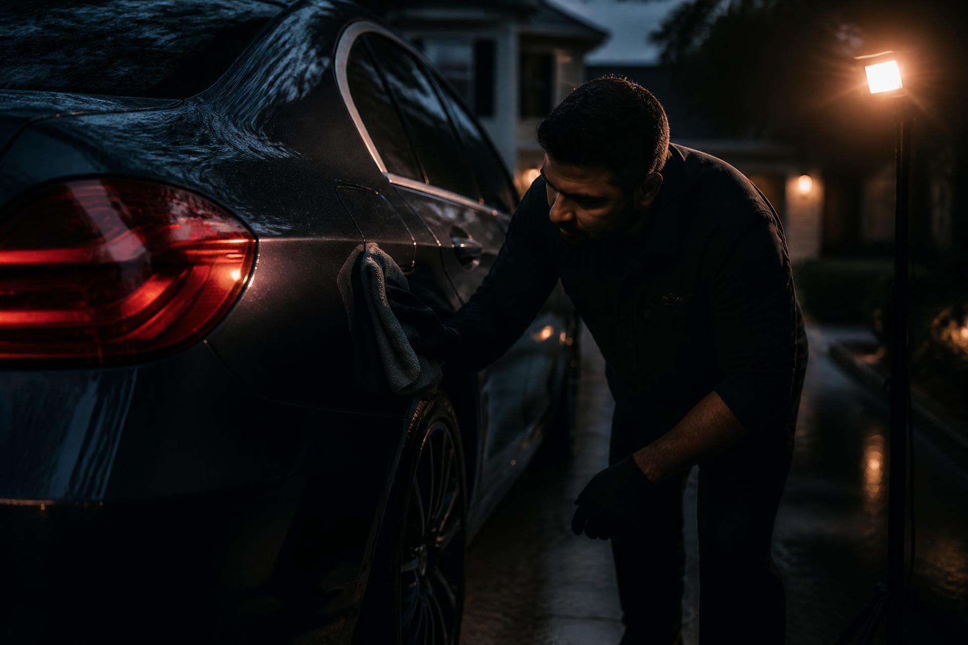 Detailer hand-polishing a dark luxury sedan in a Hillsboro residential driveway