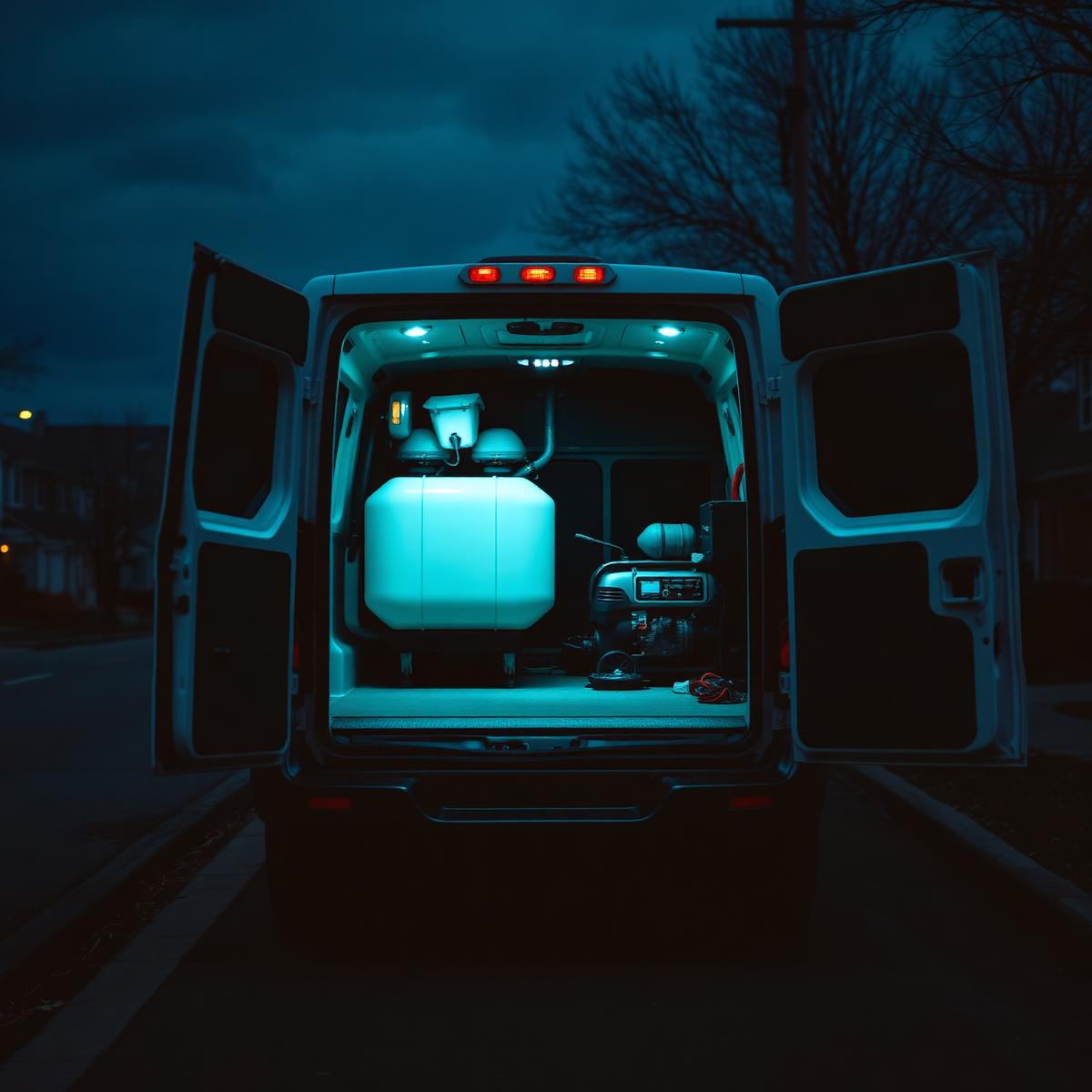 Mobile detailing van loaded with its own water tank and generator